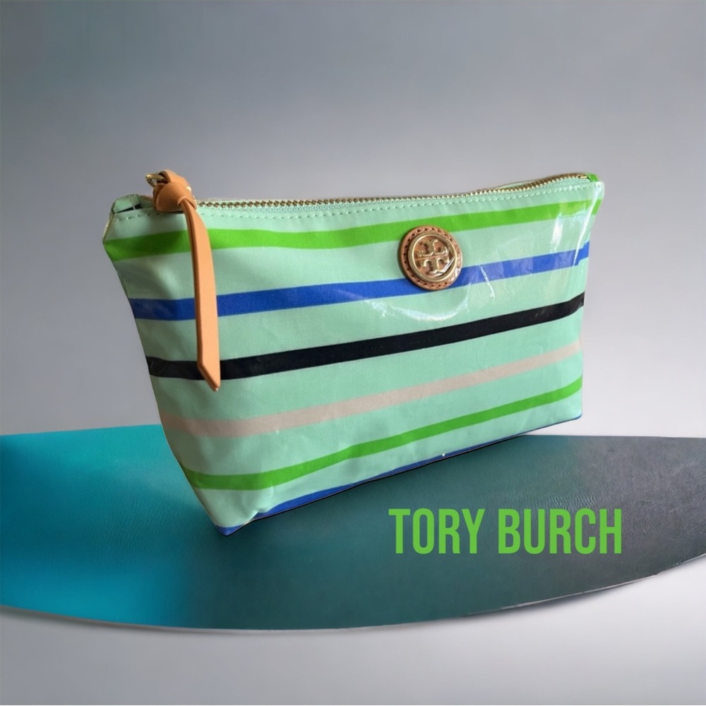 TORY BURCH NEW MAKEUP COSMETIC BAG MINT STRIPE ZIP TOP CHRISTMAS Gift 🎁